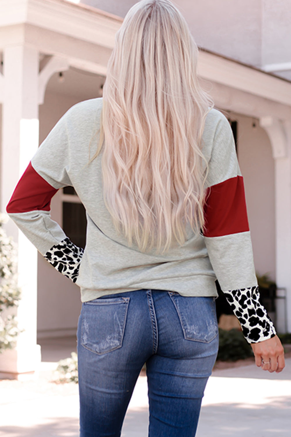 Gray Cowl Neck Drop Shoulder Splicing Sleeves Sweatshirt