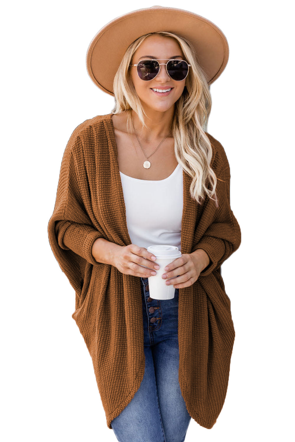Brown Waffle Knit Open Front Rounded Hem Cardigan