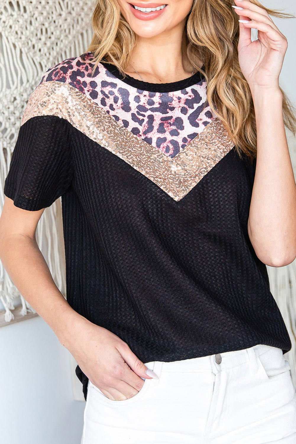 Black Leopard Sequin Waffle Knit Short Sleeve T-shirt