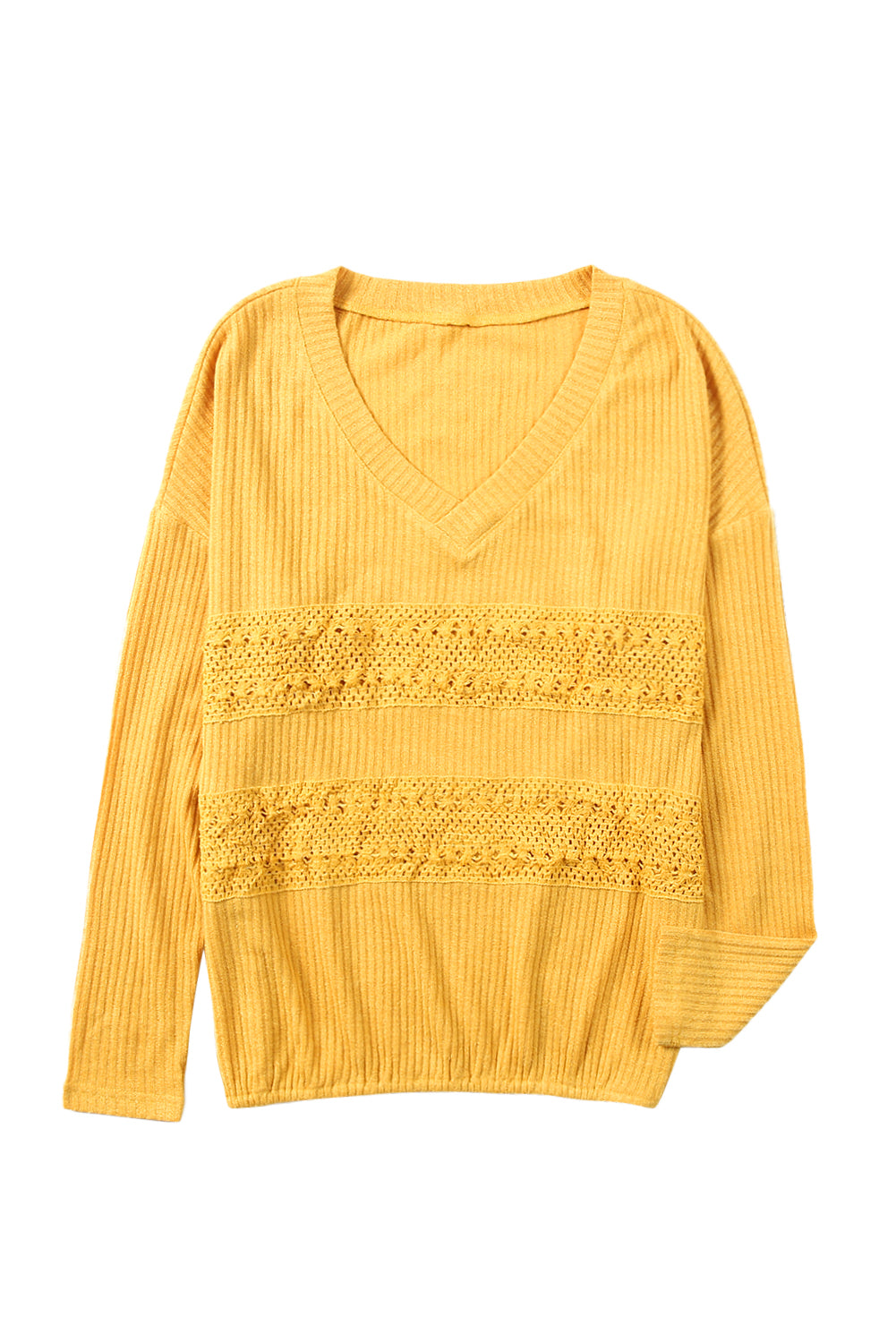 Yellow Lace Contrast Ribbed V Neck Top