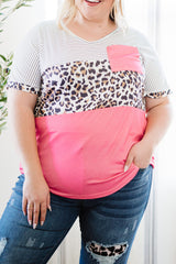 Pink Color Block Splicing Striped Leopard Plus Size Tee