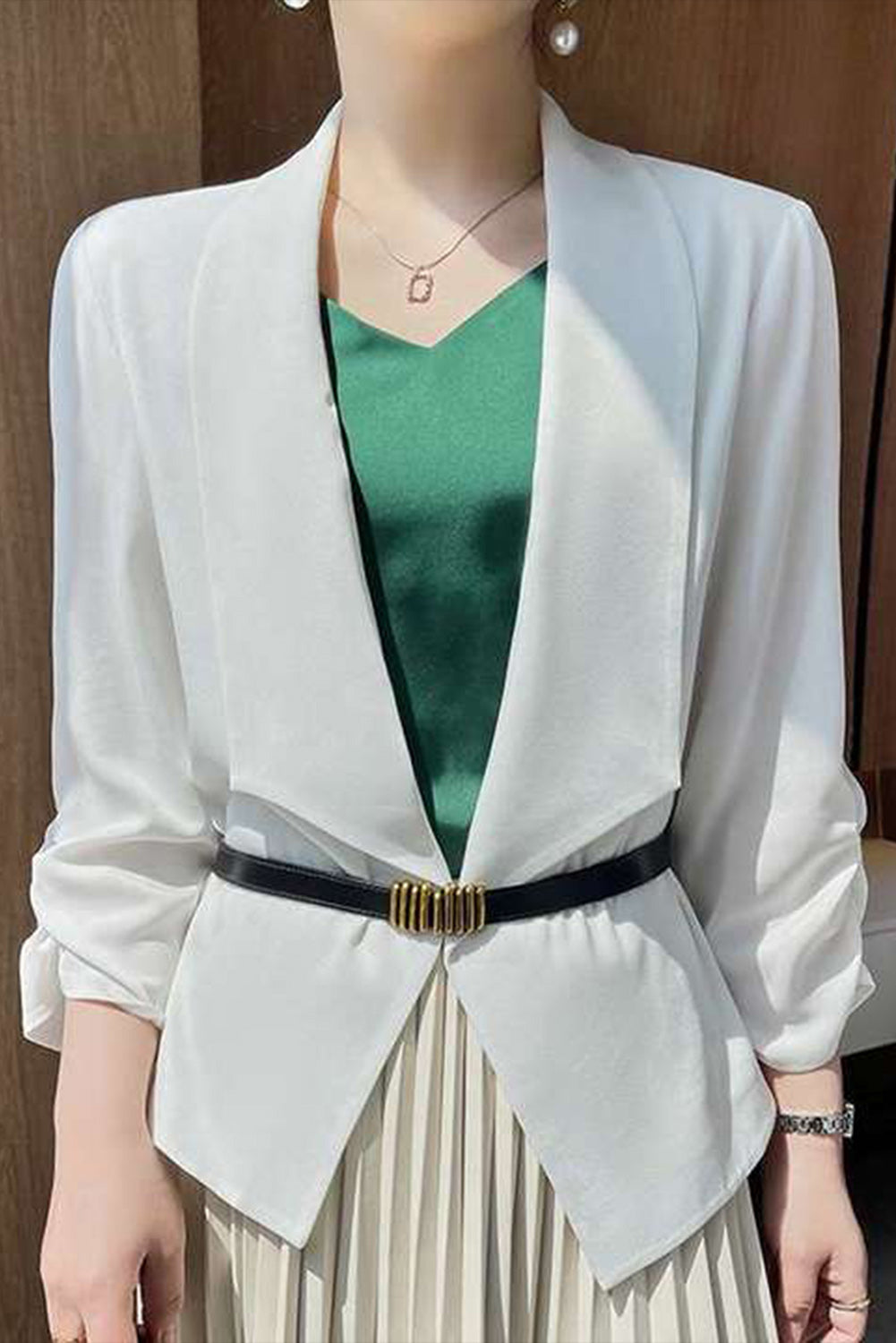 Apricot Solid Lapel Collar Satin Blazer