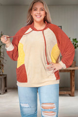 Orange Plus Size Colorblock Raglan Hoodie with Pockets