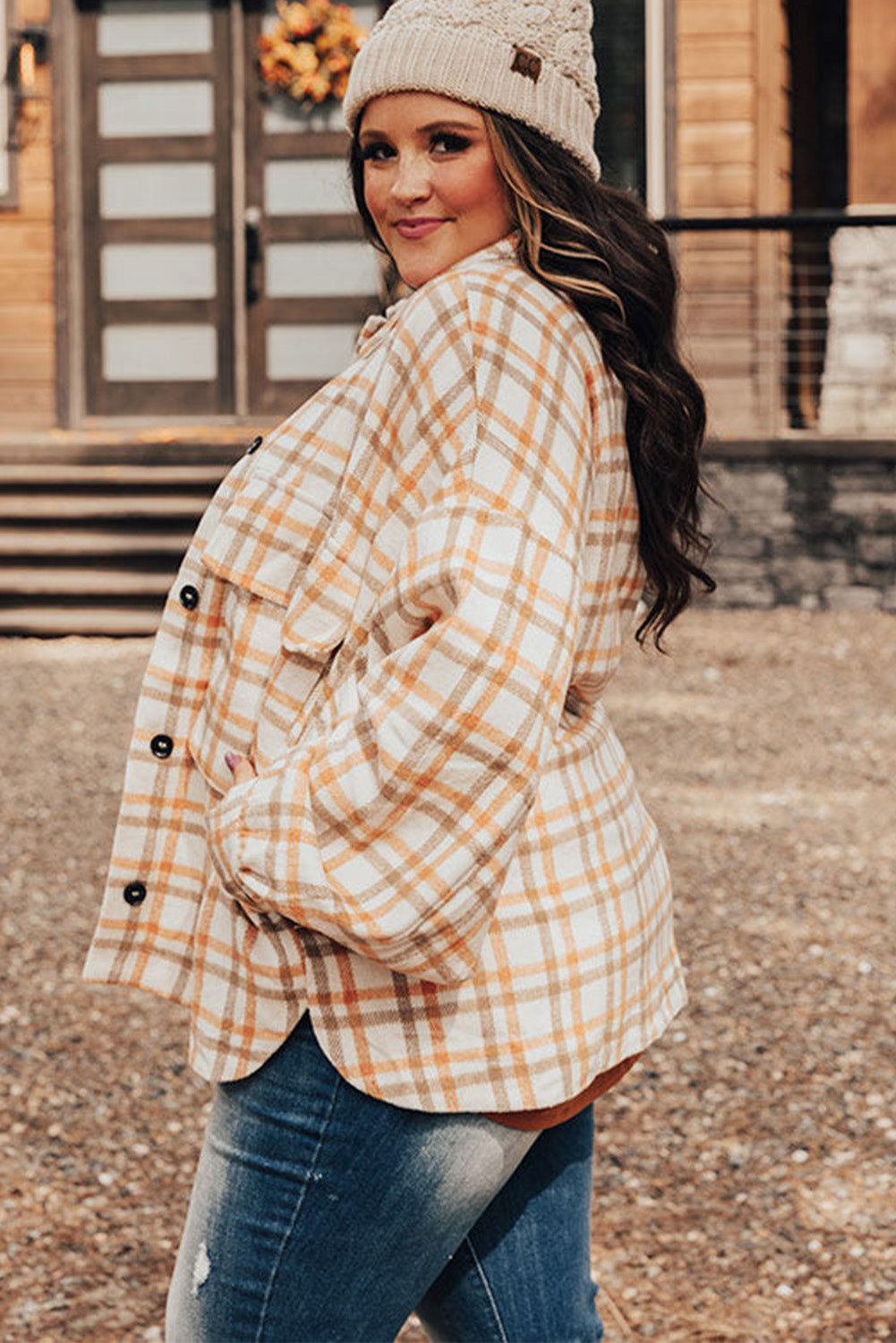 Khaki Plus Size Plaid Jacket with Flap Pockets