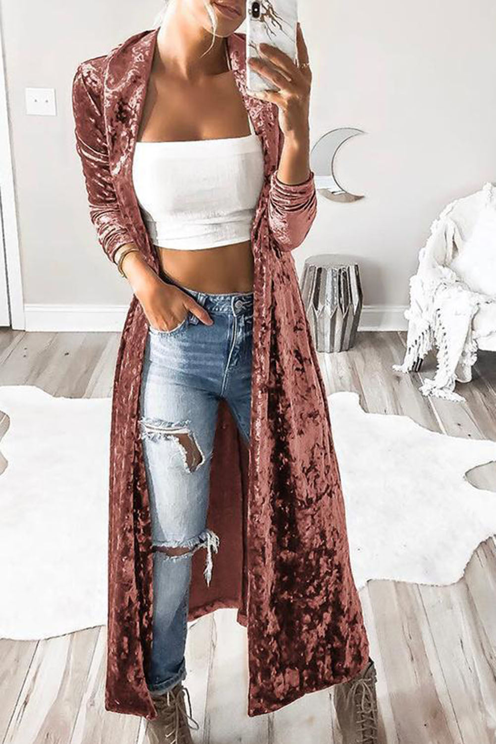 Pink Lapel Open Front Duster Velvet Cardigan