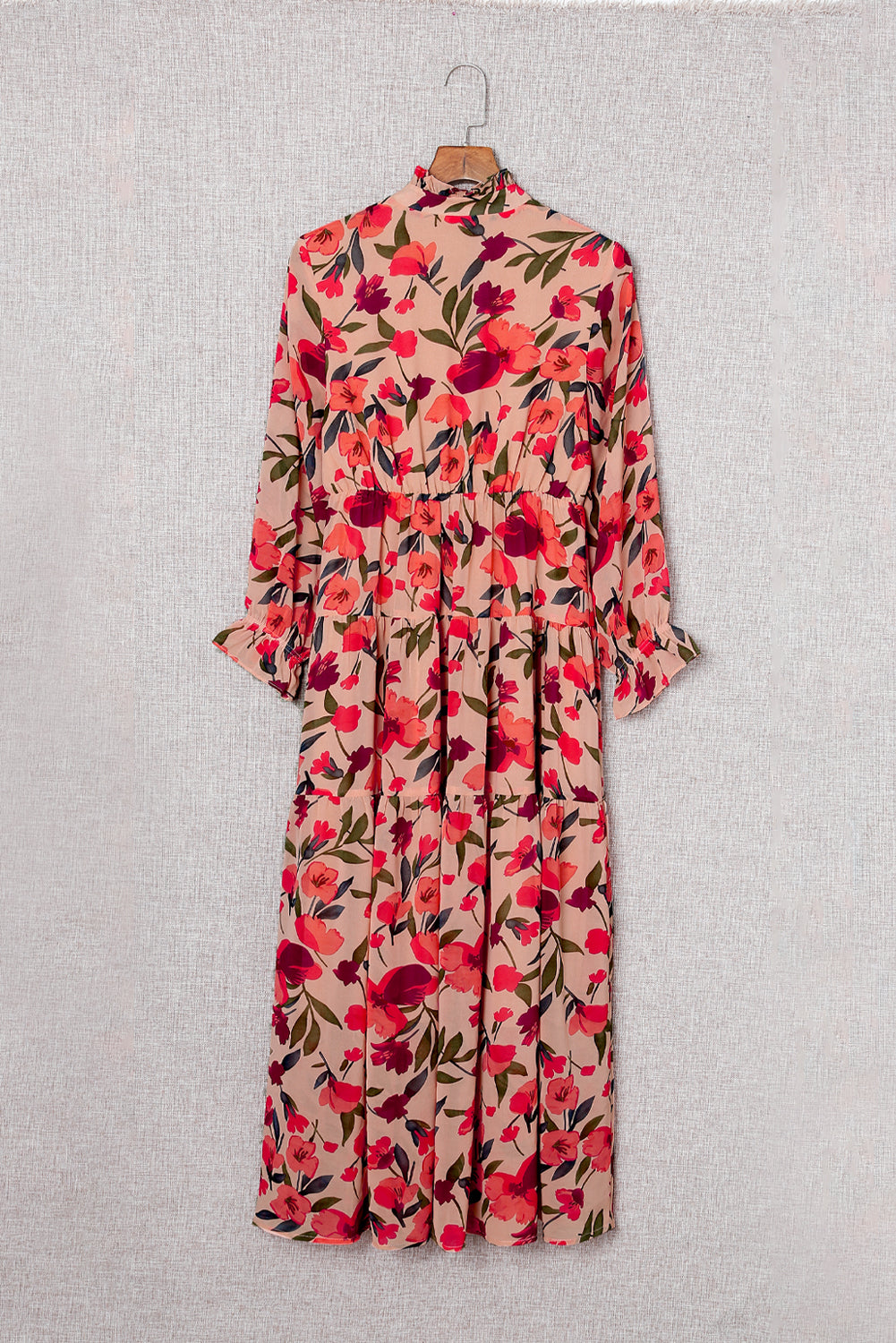 Red Frilled Collar Long Sleeve Tiered Maxi Floral Dress