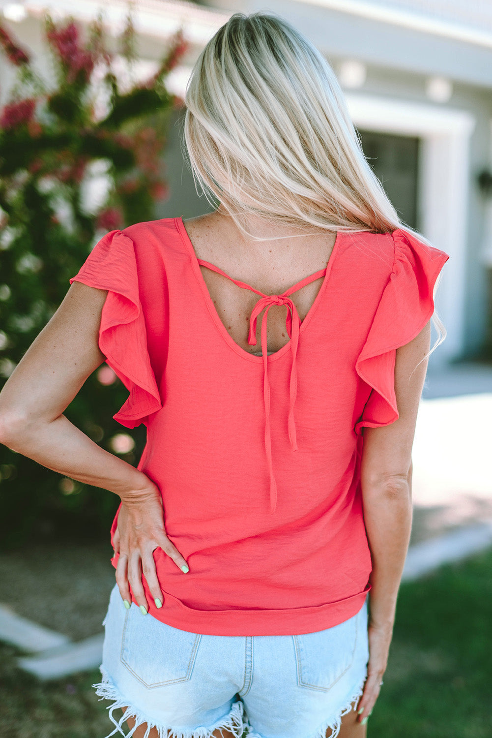 White V Neck Ruffle Sleeve Loose Top