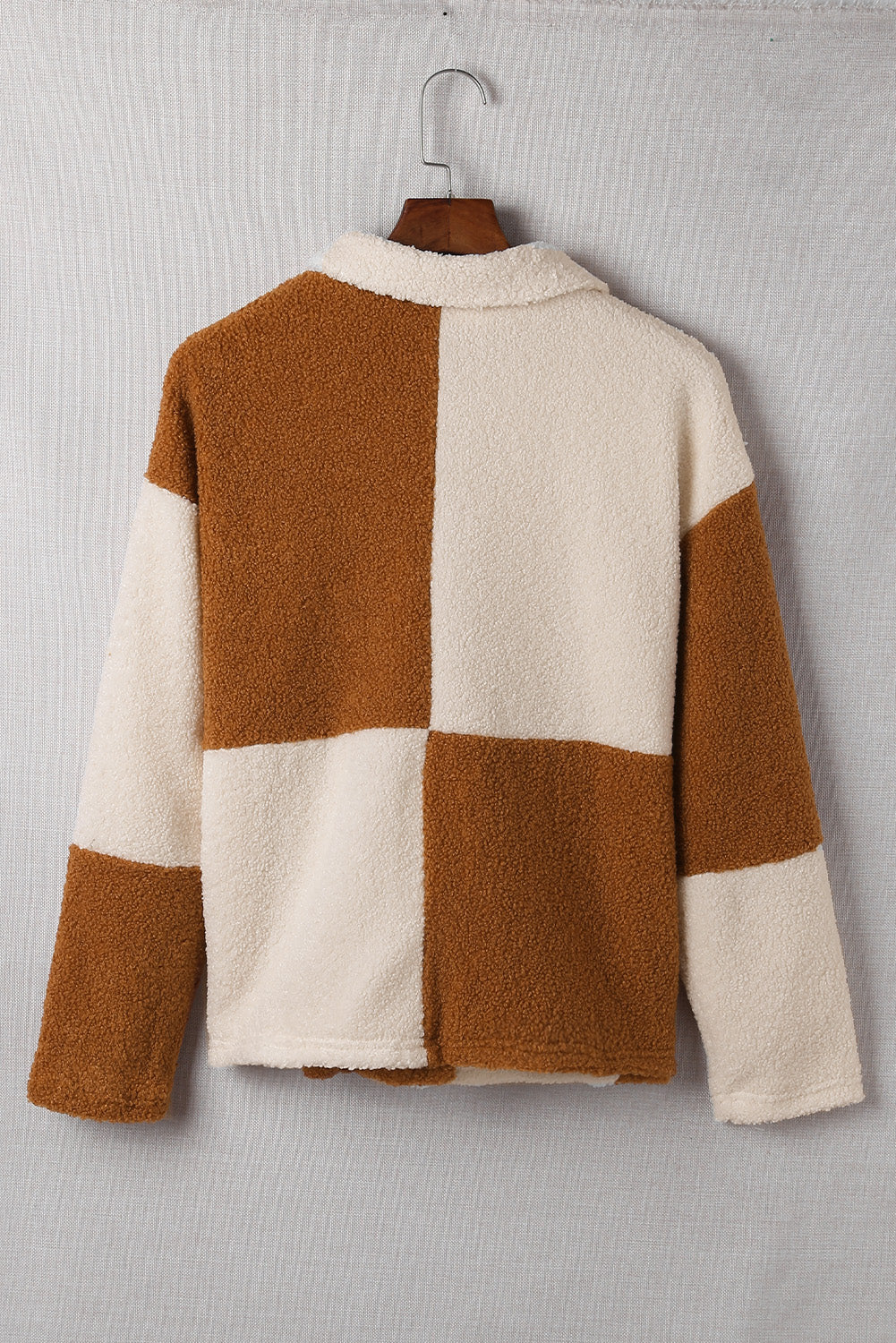 Black Colorblock Checkered Sherpa Jacket
