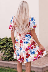 Multicolor Sweet Floral Wrap V Neck Skater Dress