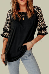 Black Ruffled Leopard Sleeve Patchwork Top