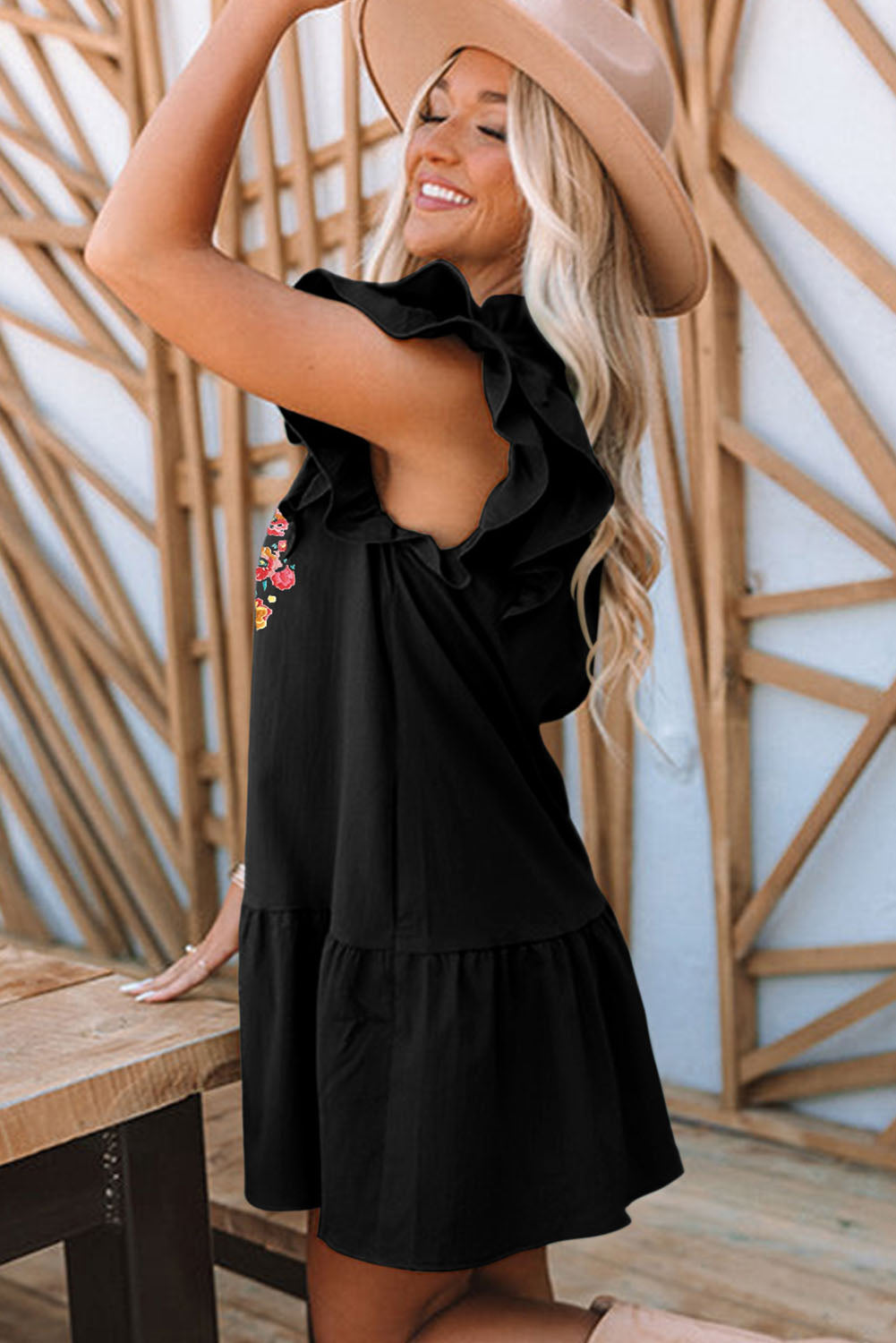 Black Floral Embroidered Ruffle Sleeve Shift Dress