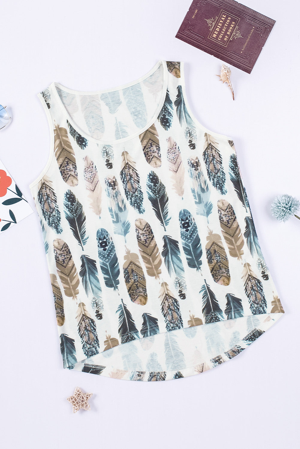 White Aztec Feather Tank Top