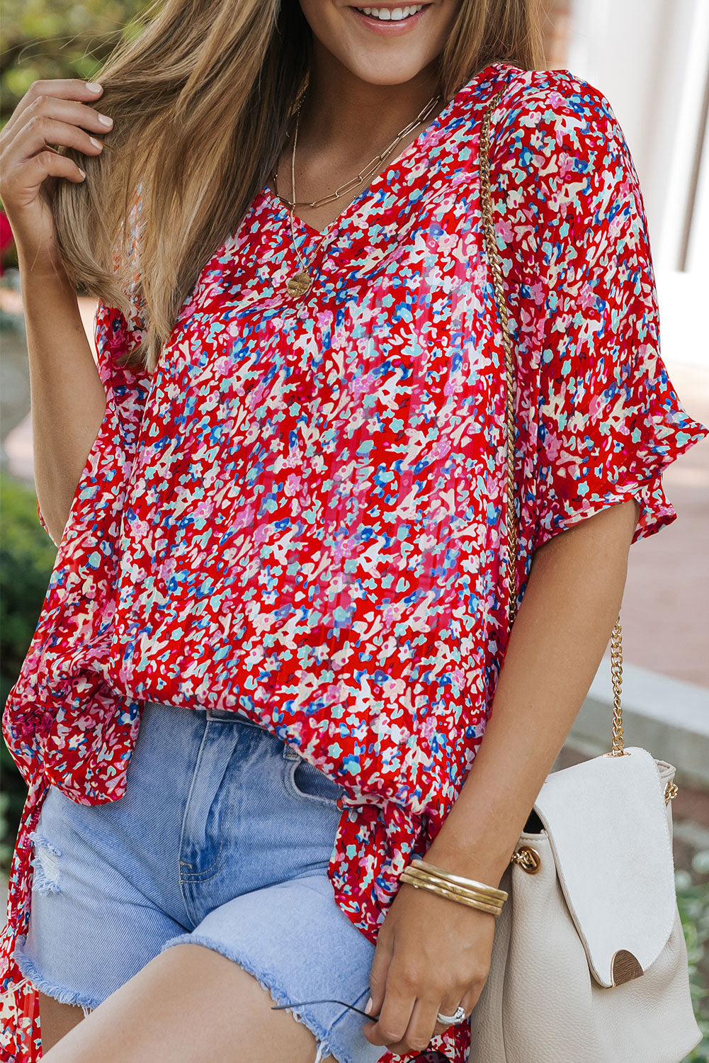 Red Abstract Floral Print Oversize Tunic Top