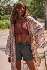 Red Boho Print Billowy Longline Kimono