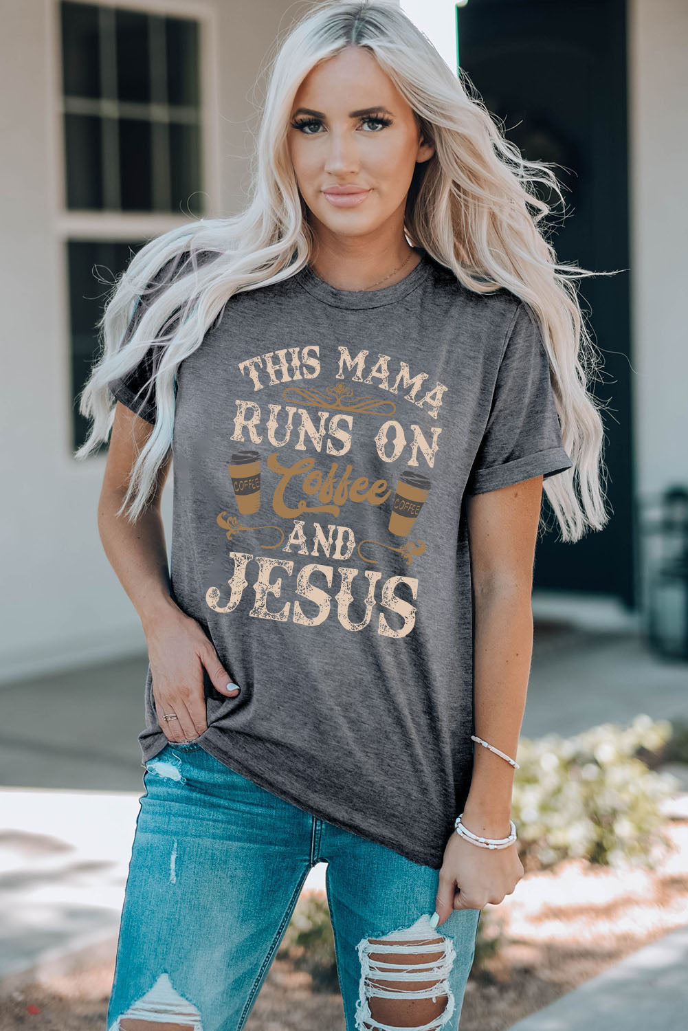 Gray Coffee And Jesus Graphic T-Shirt