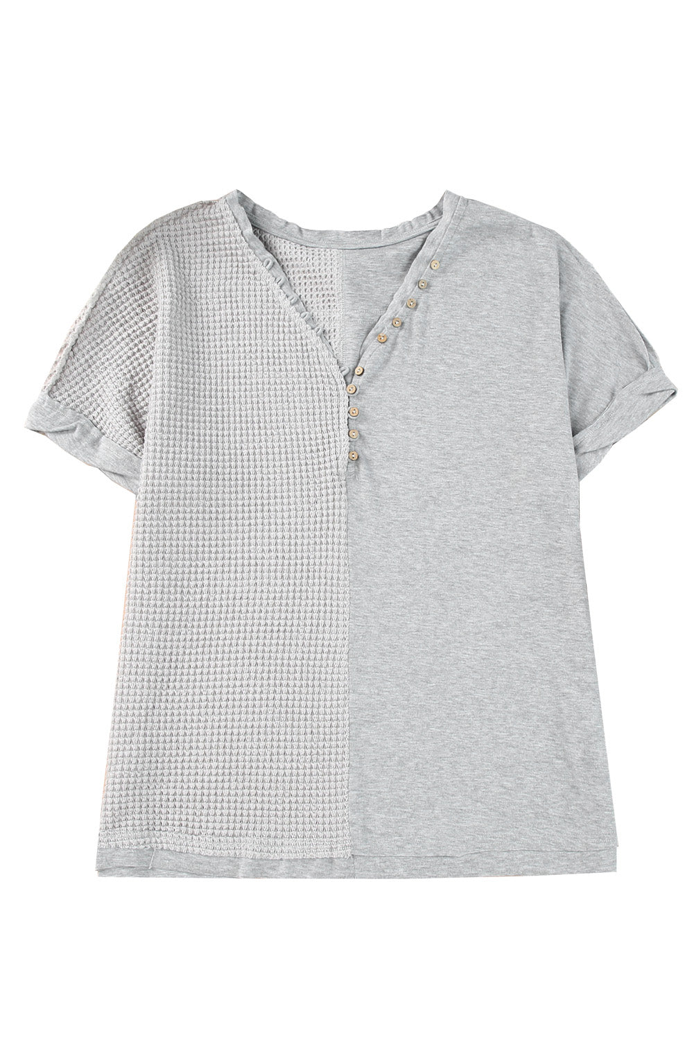 Gray Waffle Knit Patchwork Buttoned Short Sleeve Top