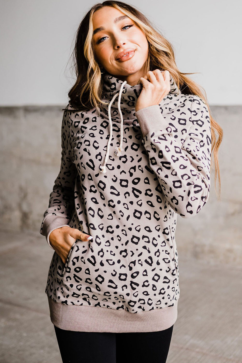 Leopard Kangaroo Pocket Drawstring High Neck Hoodie