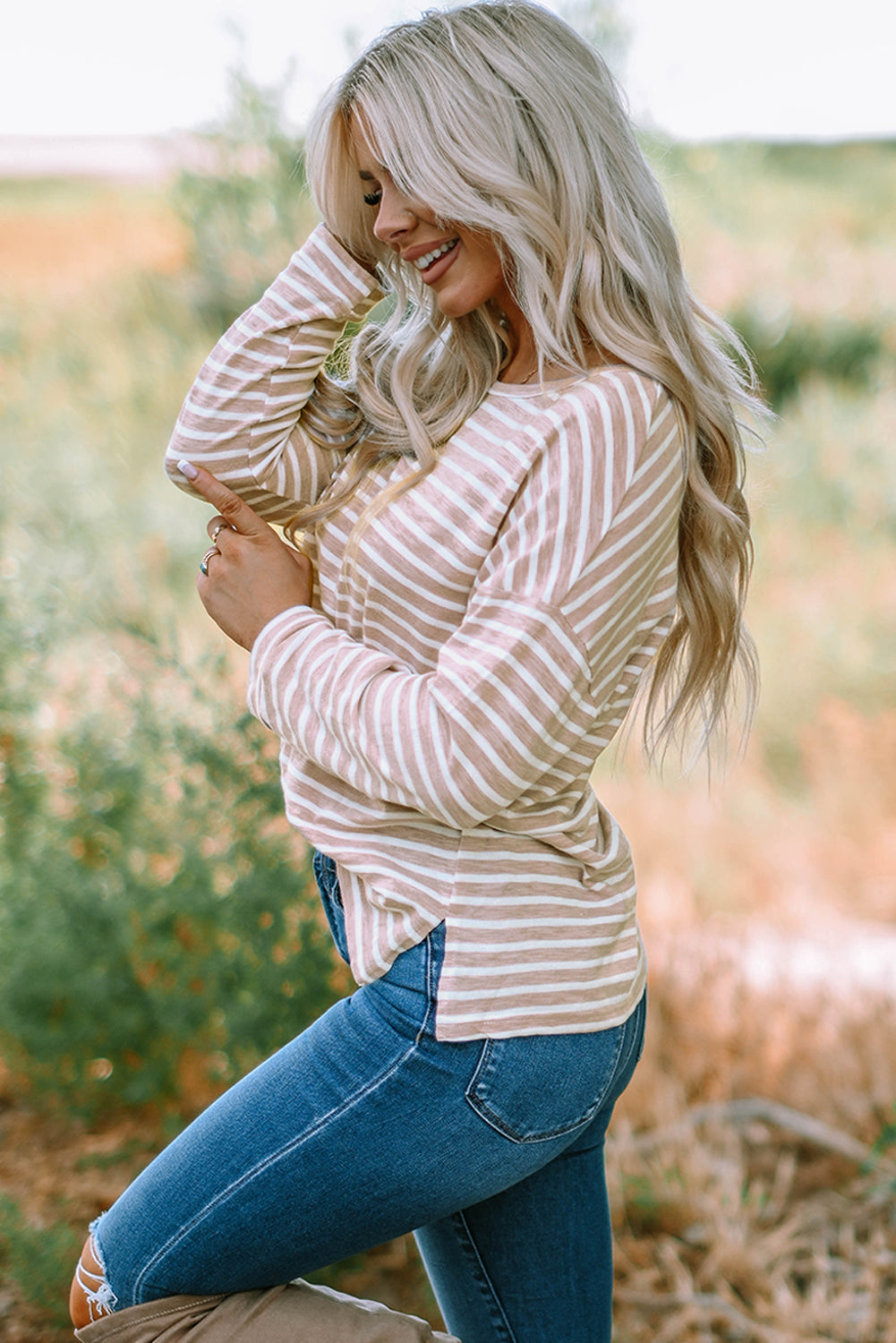 Red Striped Print Drop Shoulder Long Sleeve Top