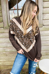 Brown Chevron Sequin Leopard Splicing Long Sleeve Top