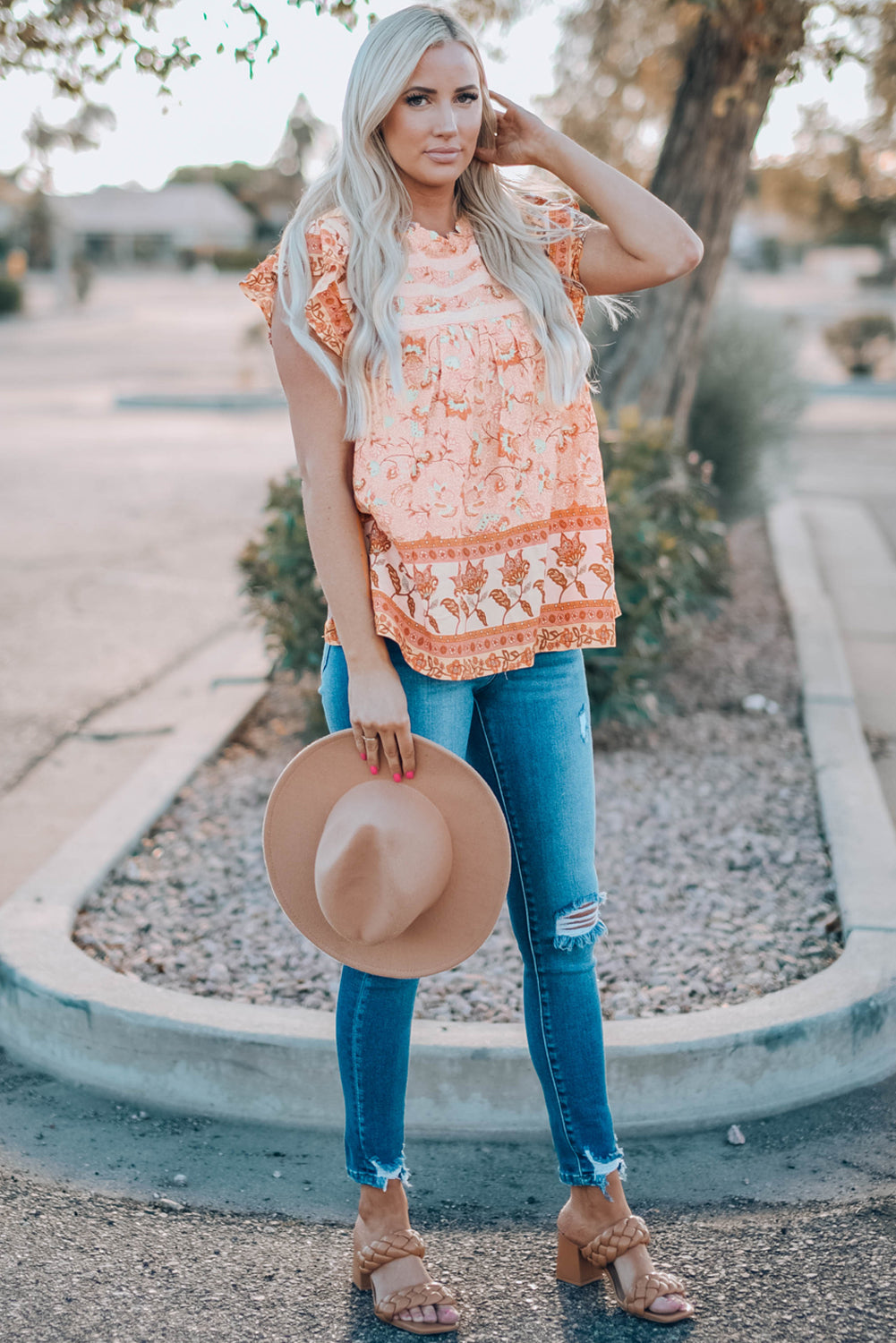 Sky Blue Floral Print Ruffled Crew Neck Sleeveless Top