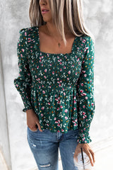 Floral Print Smocked Lace-up Square Neck Long Sleeve Top