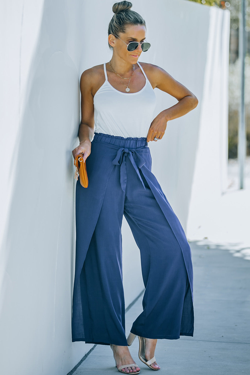 Blue Wrap Wide Leg Pants with Tie