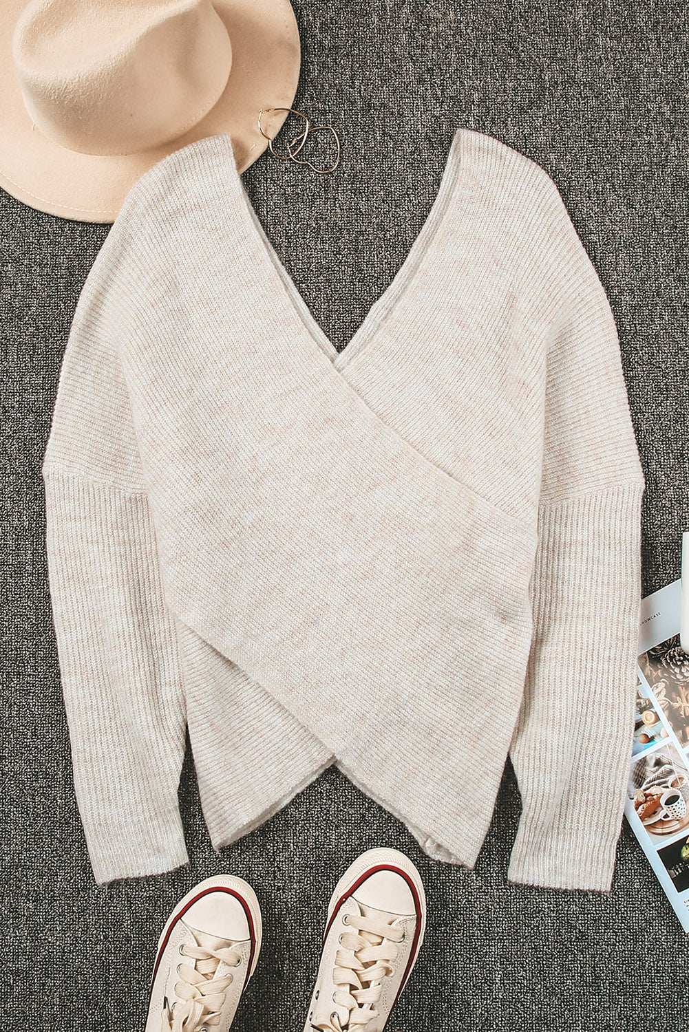 Black Criss Cross Wrap Plunging Neck Sweater