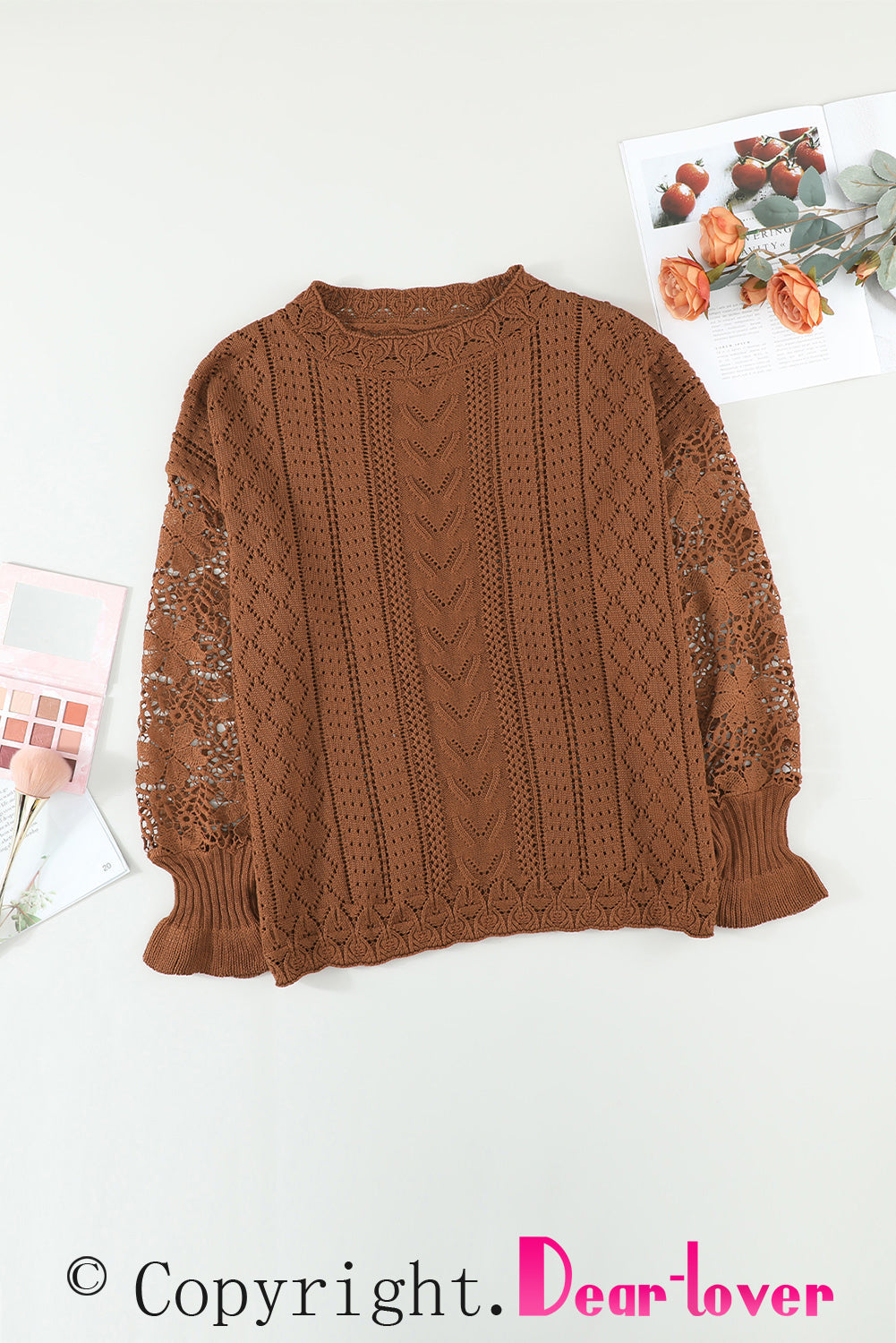 Blue Crochet Lace Pointelle Knit Sweater