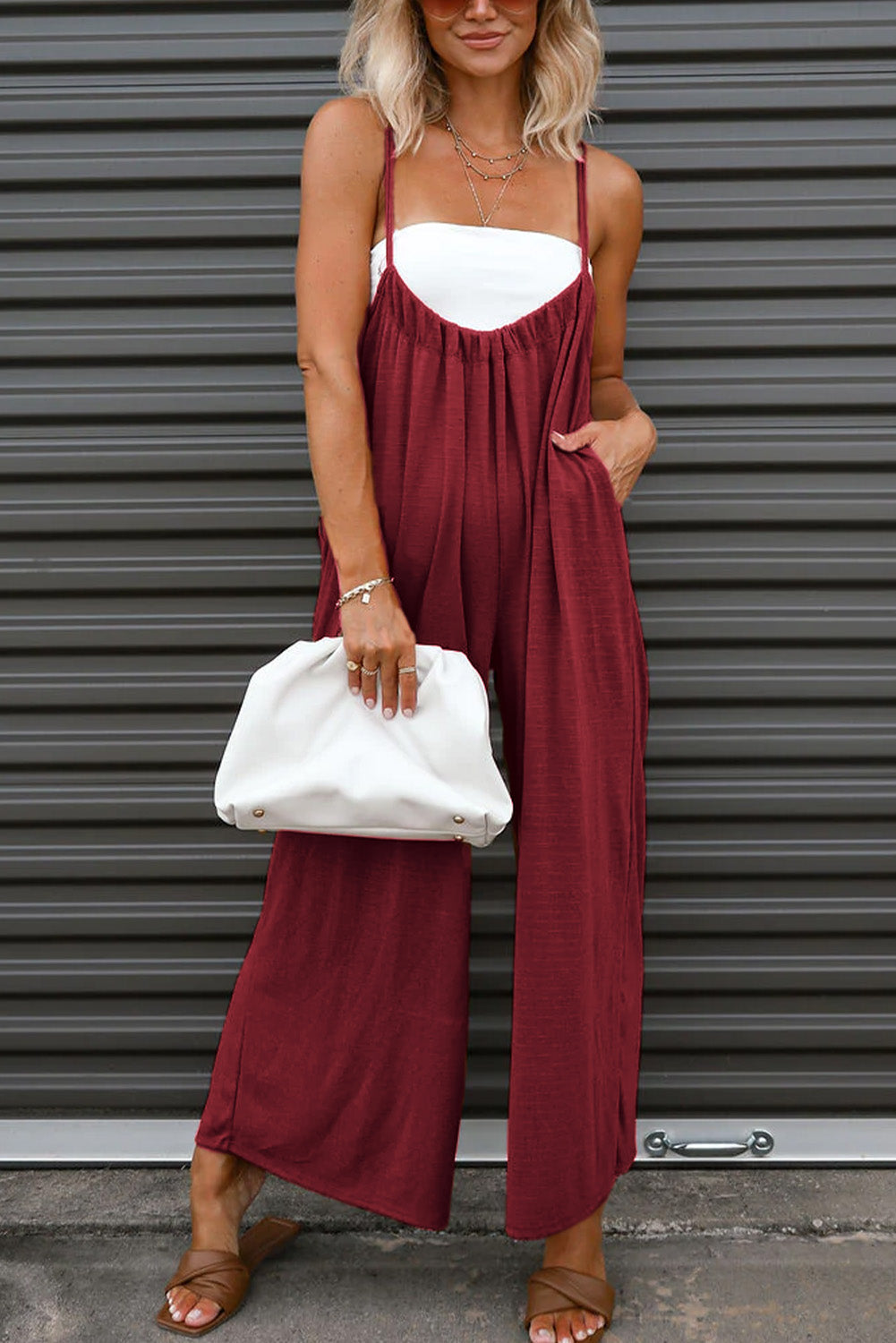 Gray Solid Spaghetti Strap Wide Leg Overall