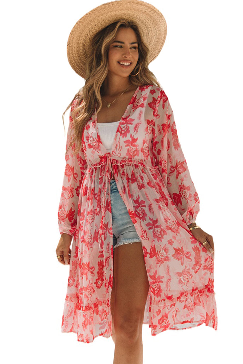 Pink Sweet Floral Print Frill Hem Puff Sleeve Cover Up