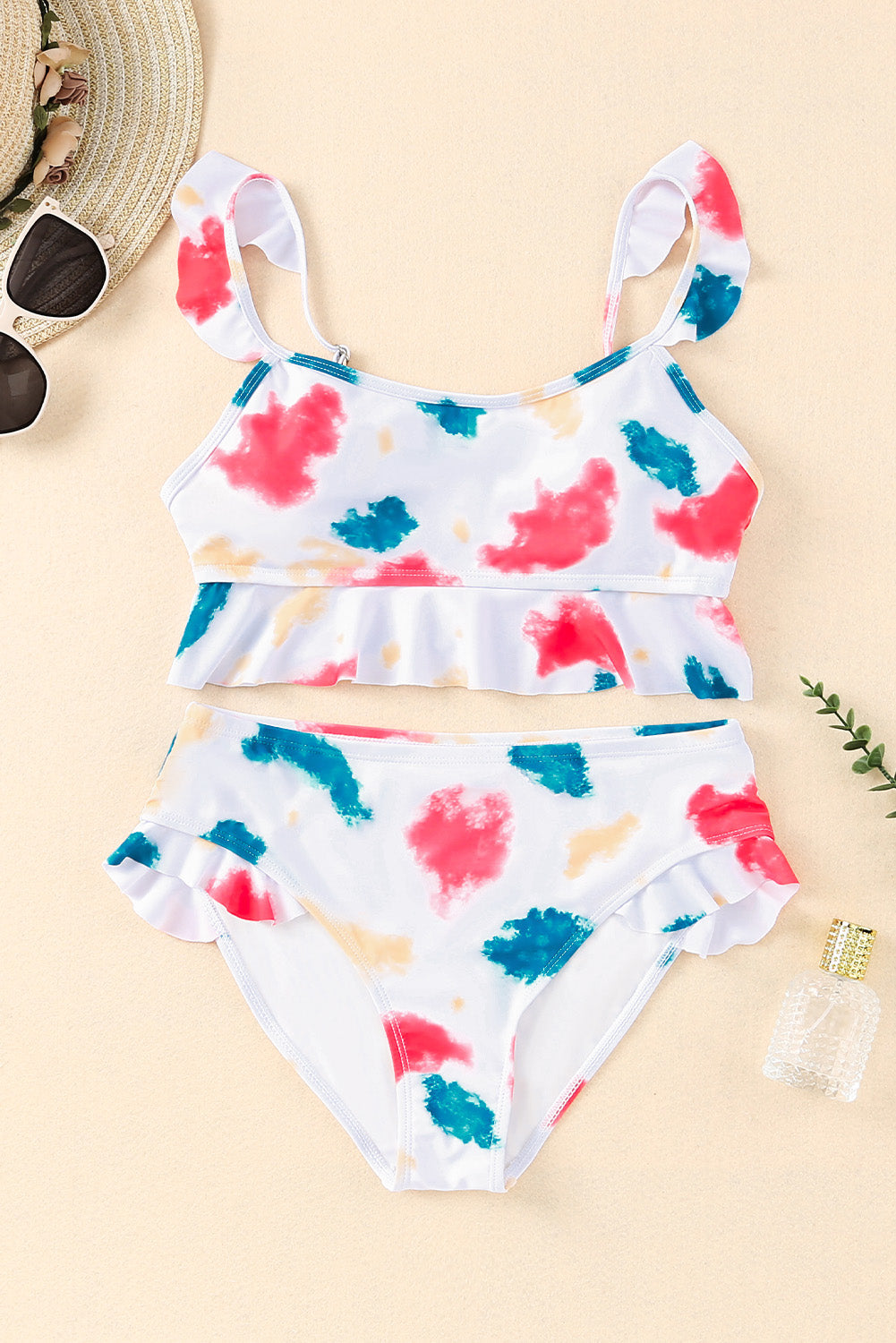 White Tie Dye Scoop Neck Ruffle Trim Two Piece Swimsuit