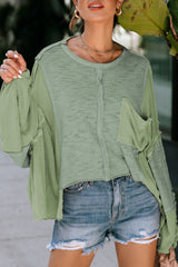 Green Exposed Seam Chest Pocket Loose Sleeve Oversized Top