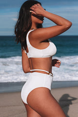 White O-ring Detail Ribbed Knit Bikini Swimsuit