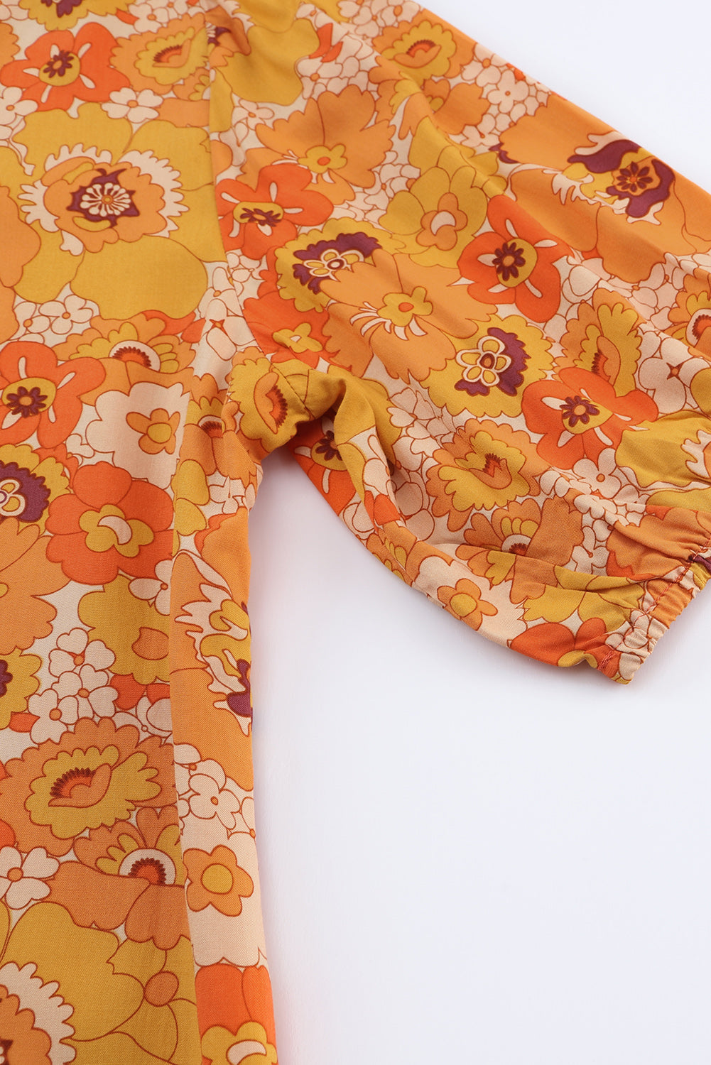 Yellow Puff Sleeve Floral Dress with Pompom Trim