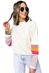 Beige Exposed Seam Colorblock Raglan Sleeve Pullover Top