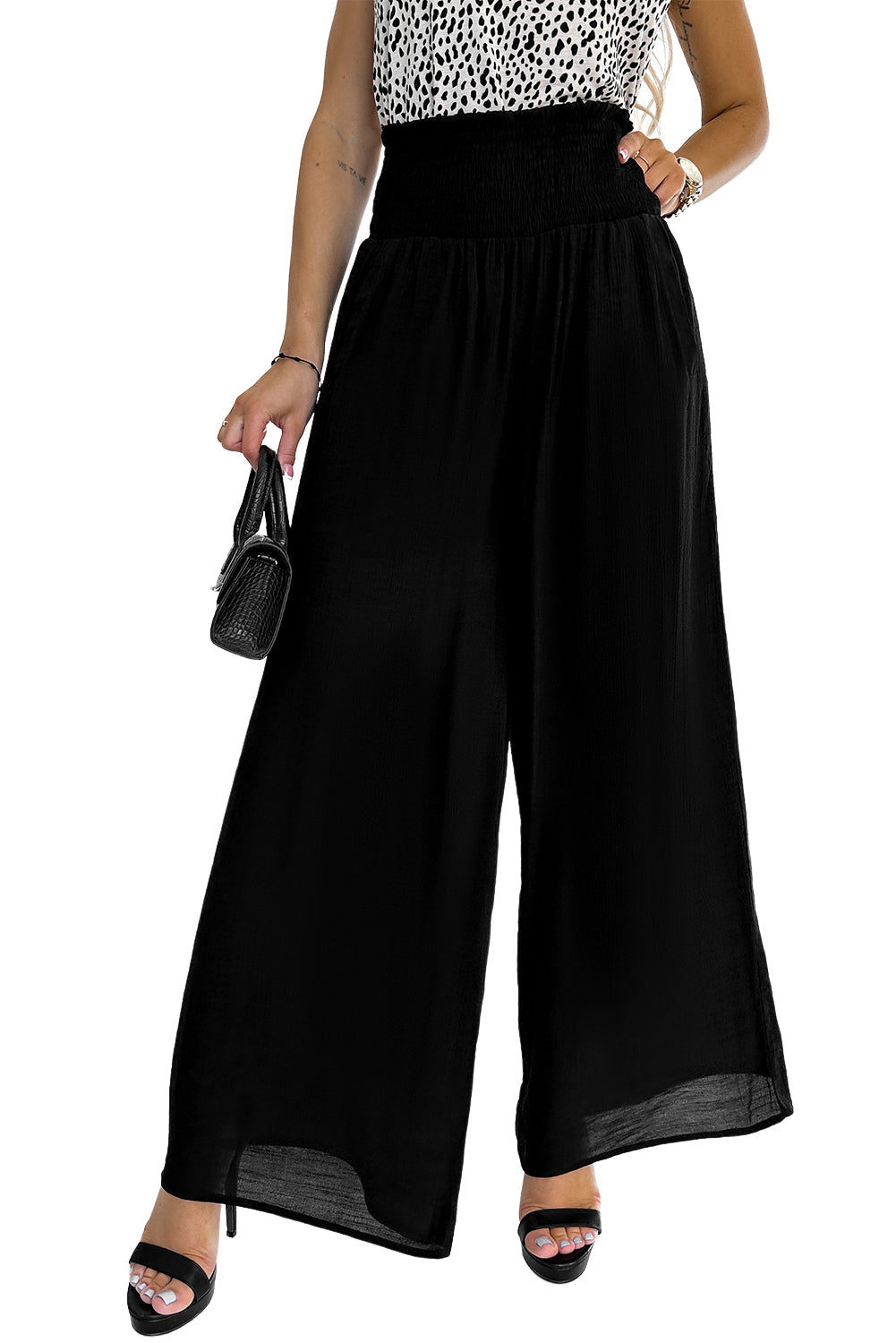 Black Frill Smocked High Waist Flowy Wide Leg Pants