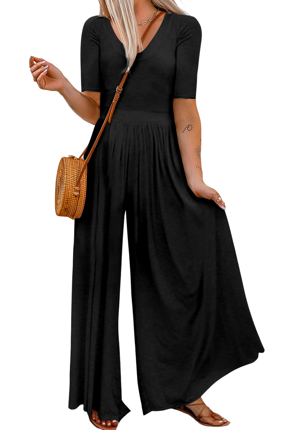 Black Short Sleeve Bodice Flowy Wide Leg Jumpsuit