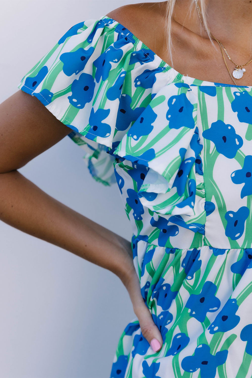 Sky Blue Boho Floral Print Maxi Dress
