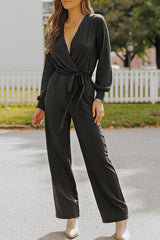 Black V Neck Wrap Waist Tie Long Sleeve Jumpsuit