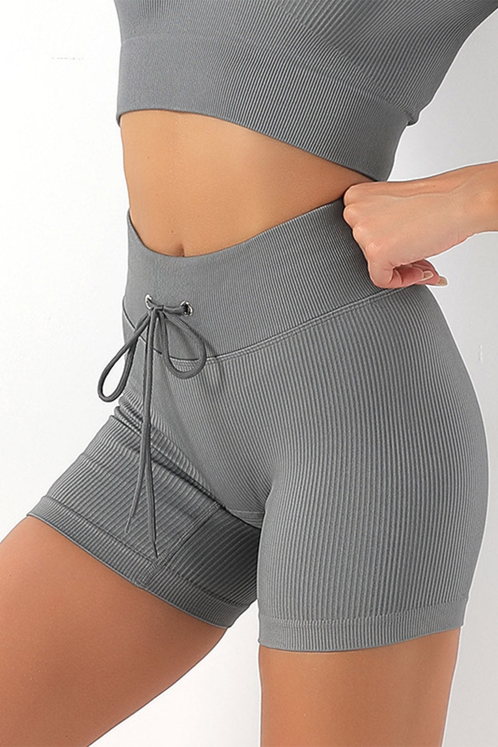 Black Solid Color Ribbed Drawstring Waist Yoga Shorts