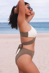 Khaki Color Block Knot Back Wrap Bikini Swimsuit