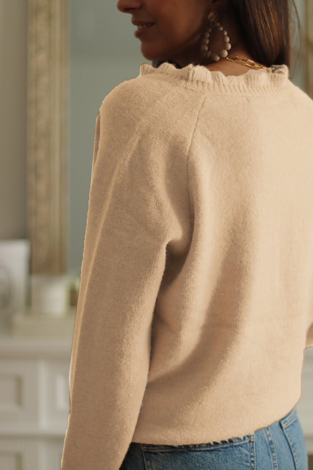 Beige Frill Trim Buttoned Knit Pullover Sweater