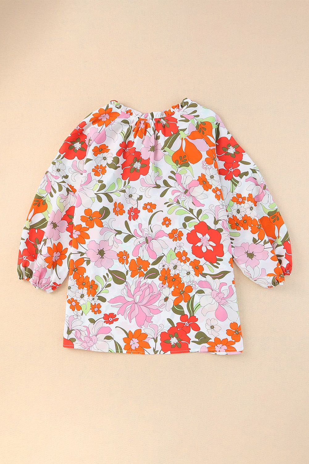 Orange Blooming Flowers Frill Trim Puff Sleeve Blouse