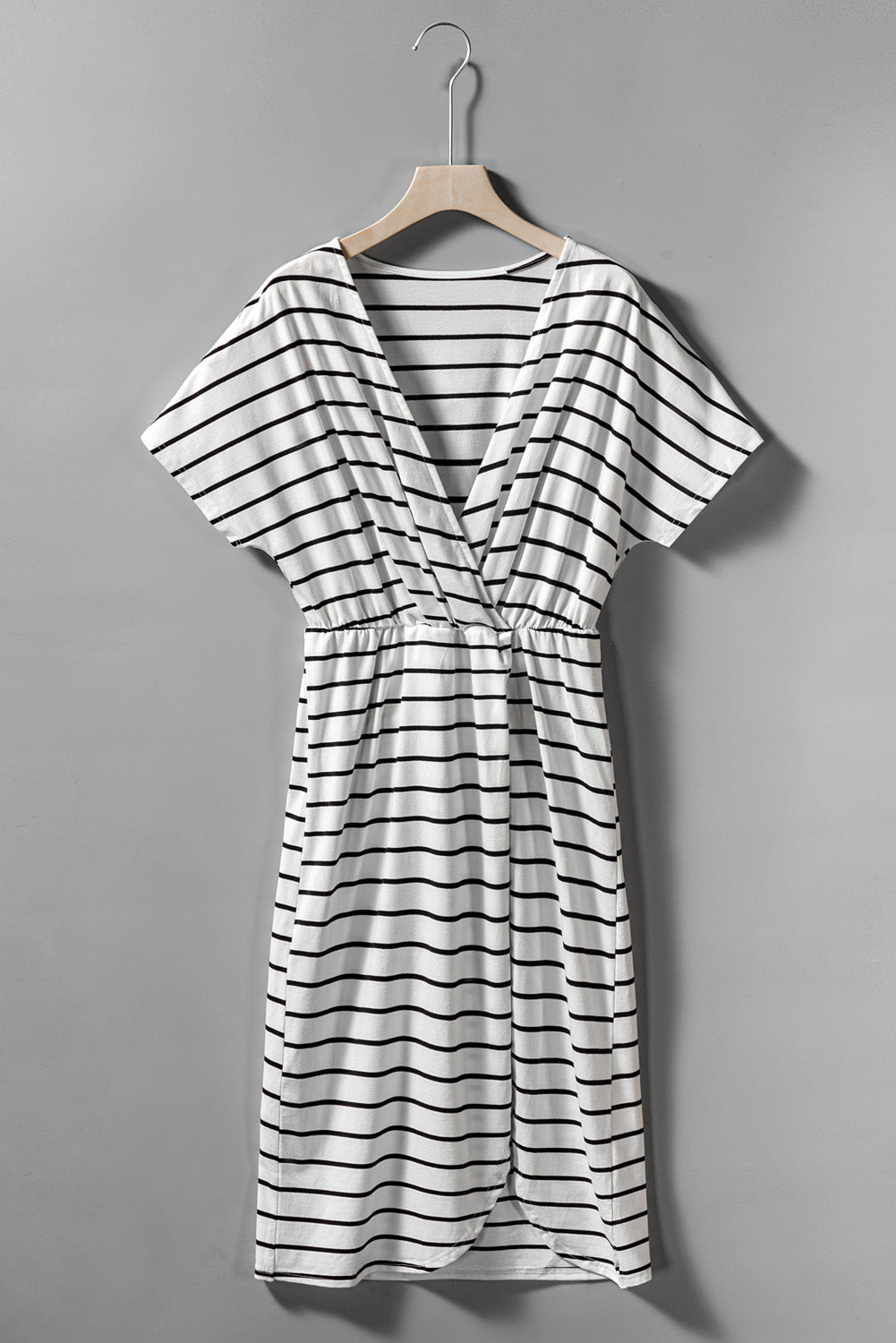 White Stripe Wrapped V Neck Short Sleeve Split Dress