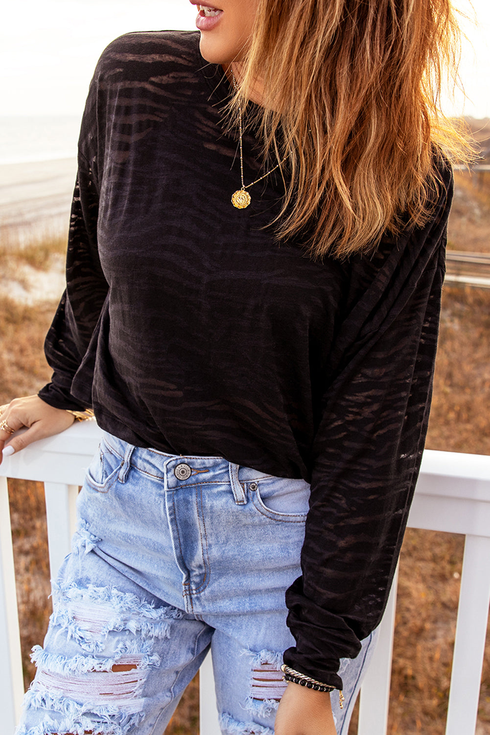 Black Zebra Print Drop Shoulder Long Sleeve Top