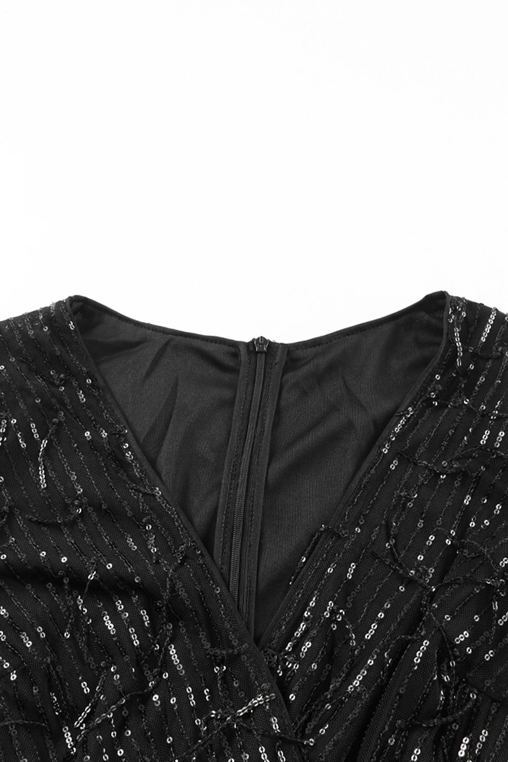 Black Sequin Fringes V Neck Long Sleeve Jumpsuit