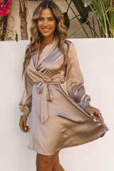 Apricot Satin V Neck Wrap Long Sleeve Dress with Tie