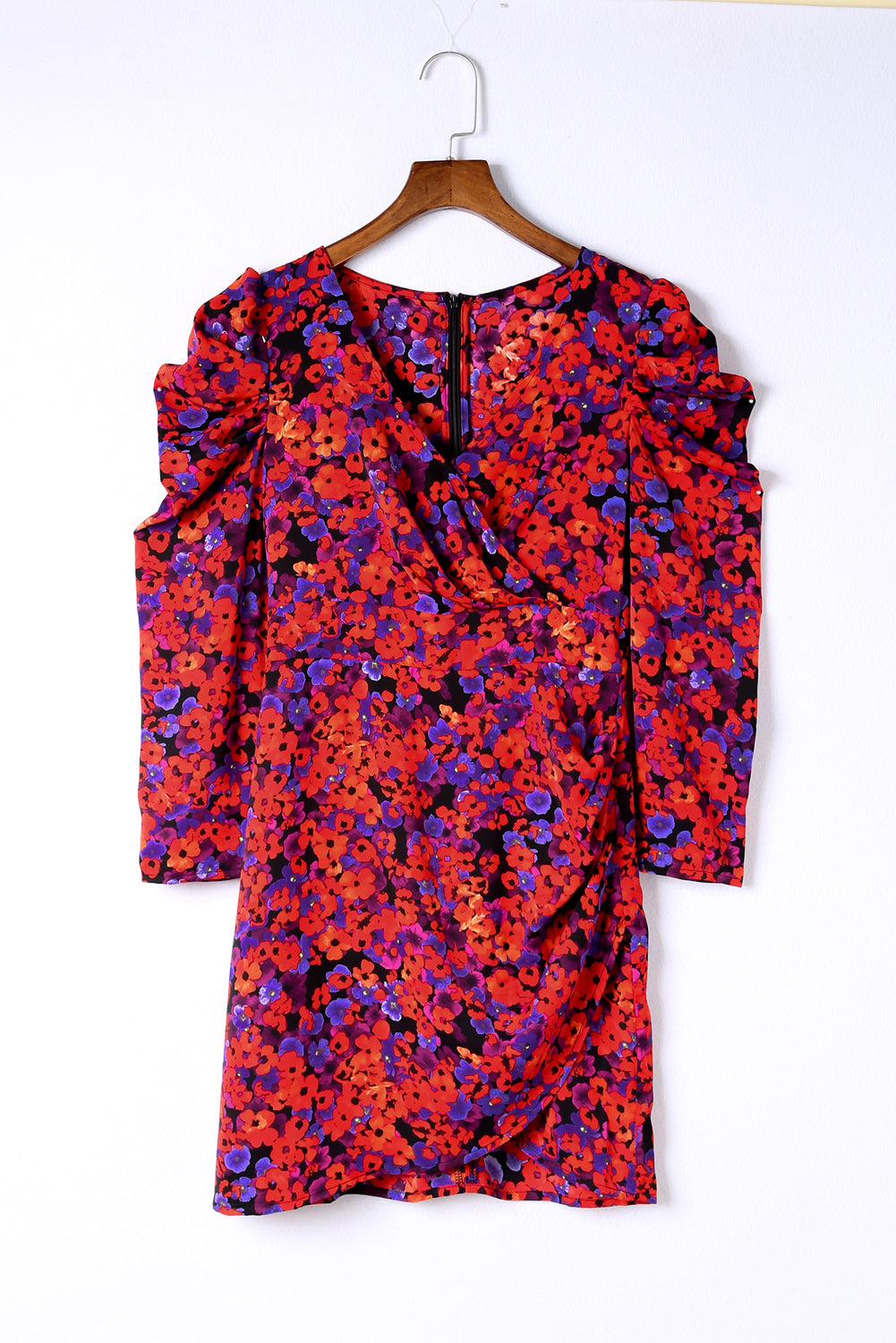 Floret Print Wrap V Neck Bodycon Dress