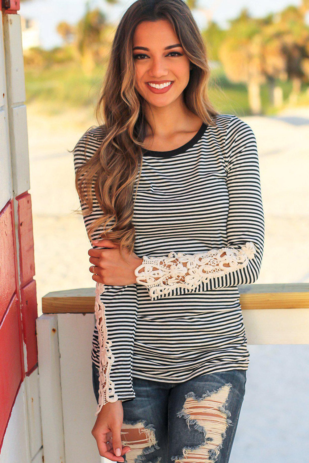 Black Stripe Lace Crochet Long Sleeve Top