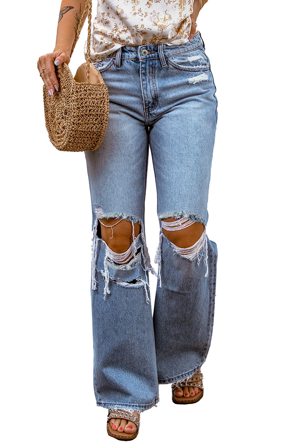 Sky Blue Destroyed Open Knee Wide Leg Jeans